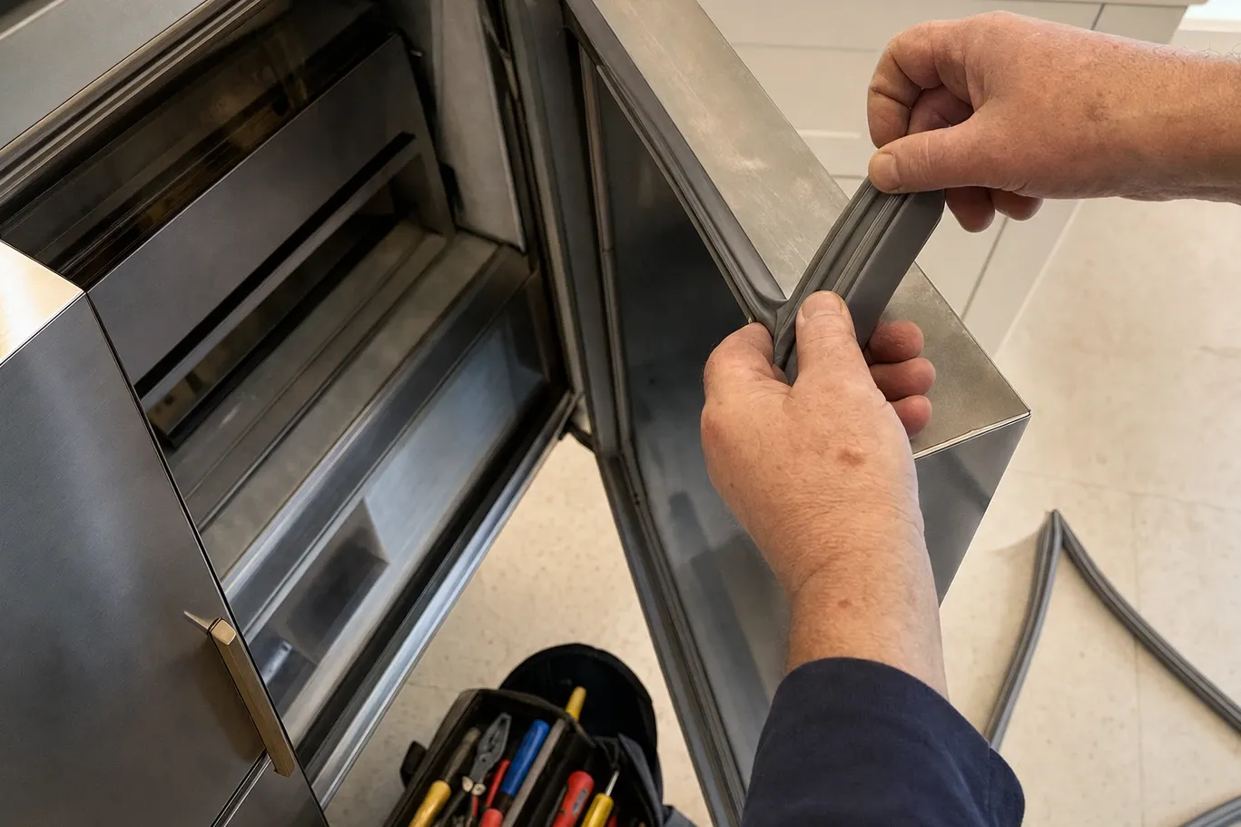 Hands peeling a magnetic door gasket away from the edge of a stainless refrigerator door, a replacement gasket coiled on the floor beside an open tool bag