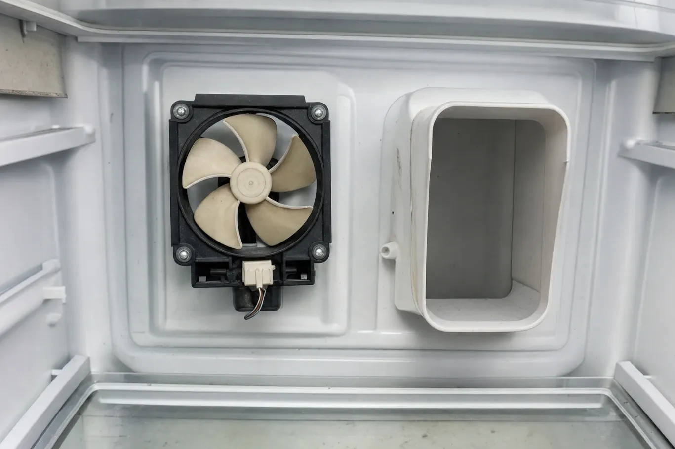 The rear wall of an empty refrigeration compartment showing the evaporator fan in its housing and the moulded air duct opening that feeds the cabinet