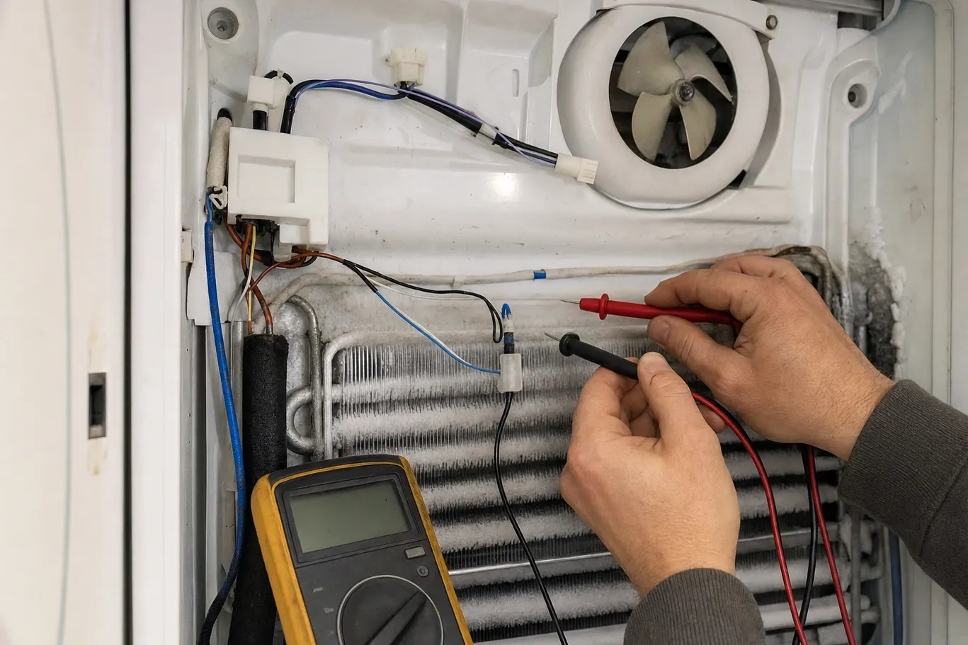 Hands holding multimeter probes onto a wiring connector beside a heavily frosted evaporator coil, the meter resting against the coil and the fan housing above